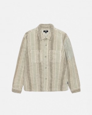 Beige Stussy Striped Sherpa Shirt Women Shirts | VMJ-4844