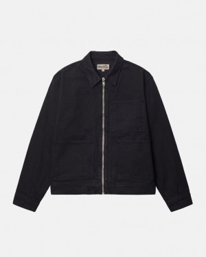 Black / Black Stussy Zip Work Jacket Overdyed Men Denim | DCI-8965