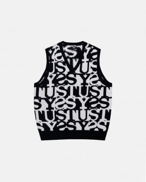 White / Black Stussy Stacked Sweater Vest Women Sweaters | TMT-8018