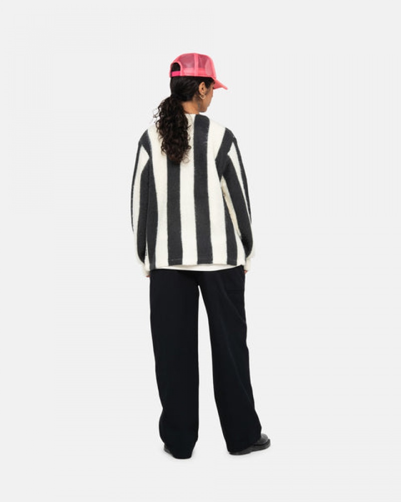 Beige Stussy Stripe Brushed Cardigan Women Sweaters | UWA-3739