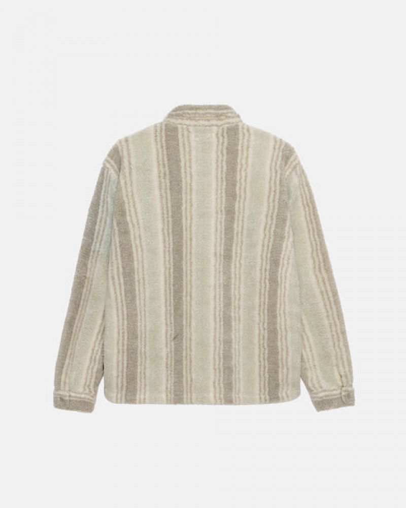 Beige Stussy Striped Sherpa Shirt Men Shirt Jackets | XOE-3674