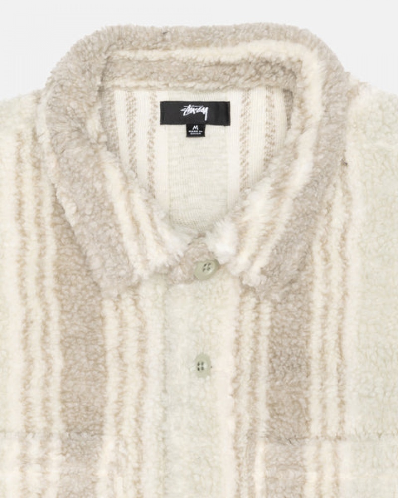 Beige Stussy Striped Sherpa Shirt Men Shirt Jackets | XOE-3674