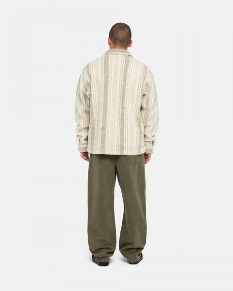 Beige Stussy Striped Sherpa Shirt Men Shirt Jackets | XOE-3674