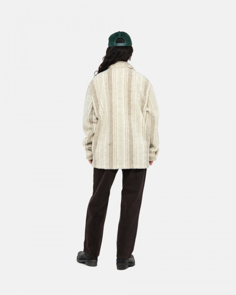 Beige Stussy Striped Sherpa Shirt Men Shirt Jackets | XOE-3674