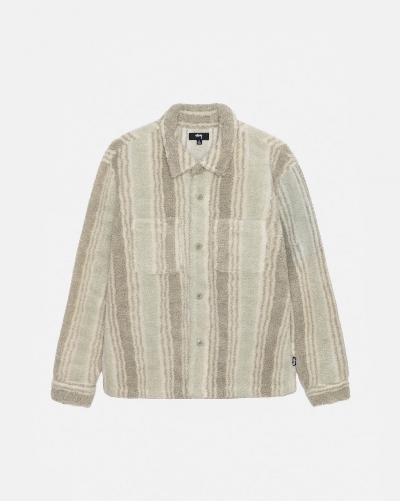 Beige Stussy Striped Sherpa Shirt Men Shirt Jackets | XOE-3674