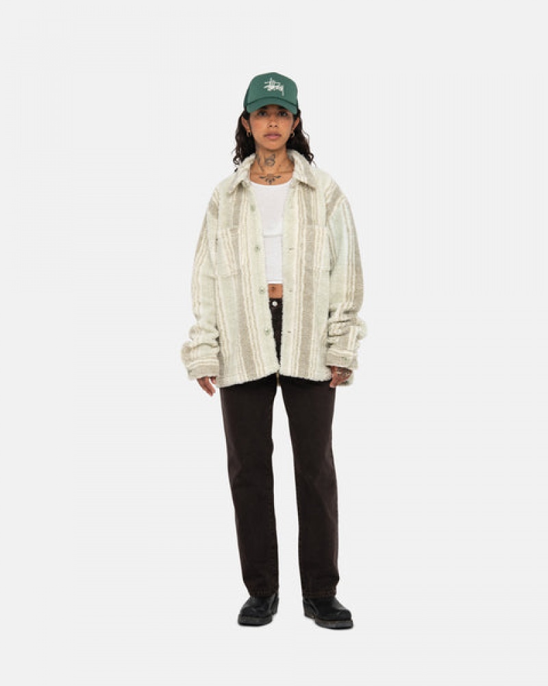 Beige Stussy Striped Sherpa Shirt Women Shirt Jackets | ETH-1956