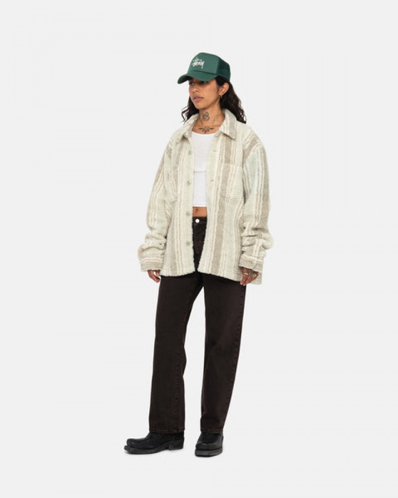 Beige Stussy Striped Sherpa Shirt Women Shirt Jackets | ETH-1956