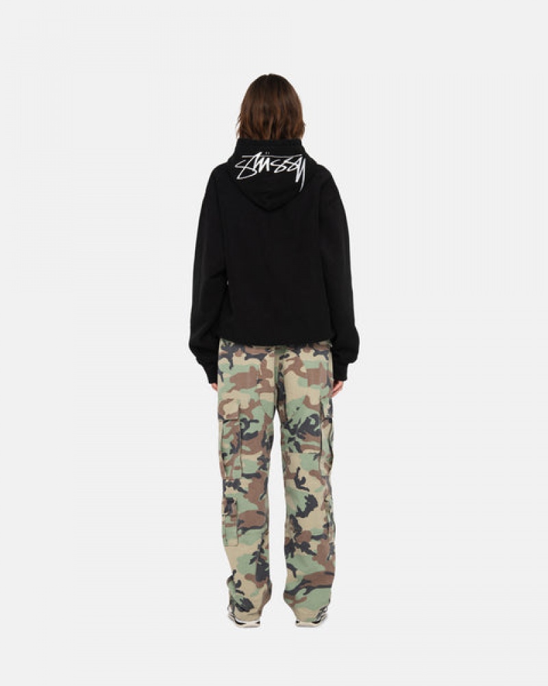 Black Stussy Back Hood Applique Hoodie Men Hoodie | IVK-5341