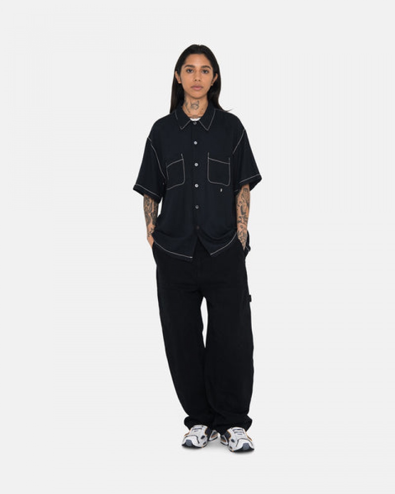 Black Stussy Contrast Pick Stitched Shirt Men Shirts | OXA-1462