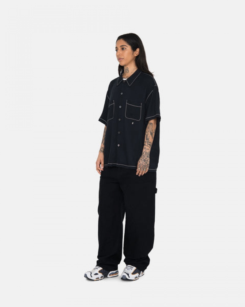 Black Stussy Contrast Pick Stitched Shirt Men Shirts | OXA-1462