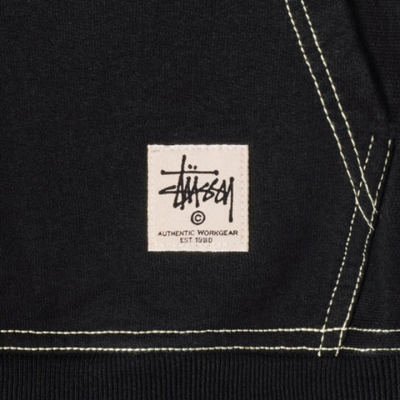 Black Stussy Contrast Stitch Label Hoodie Men Hoodie | CSN-8223