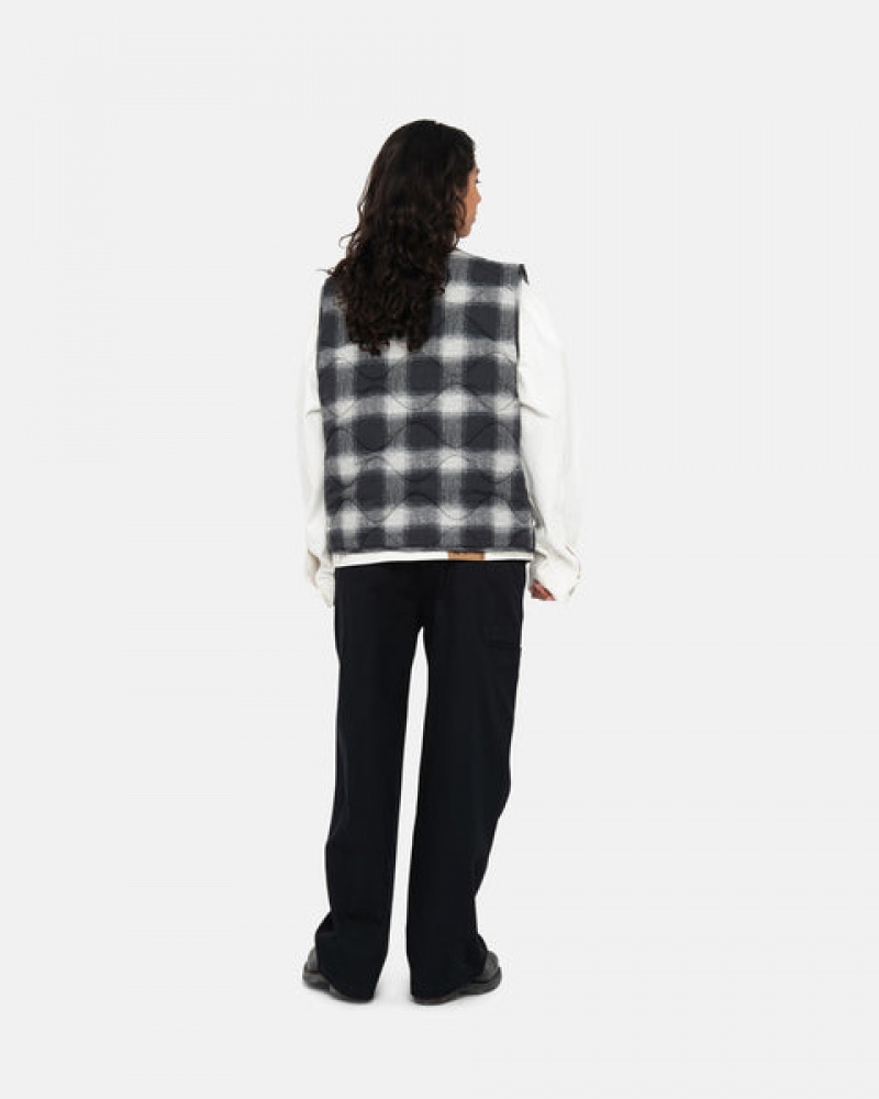 Black Stussy Plaid Nylon Liner Vest Women Vest | OGU-0044