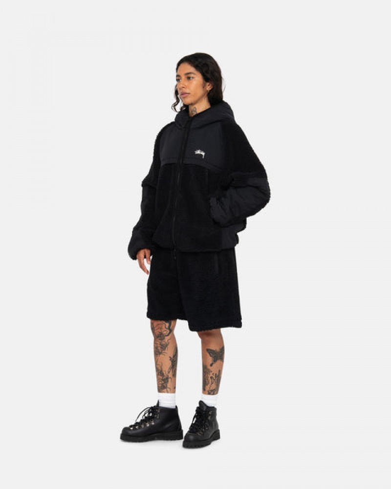 Black Stussy Sherpa Paneled Hooded Jacket Men Jackets | YLN-6089