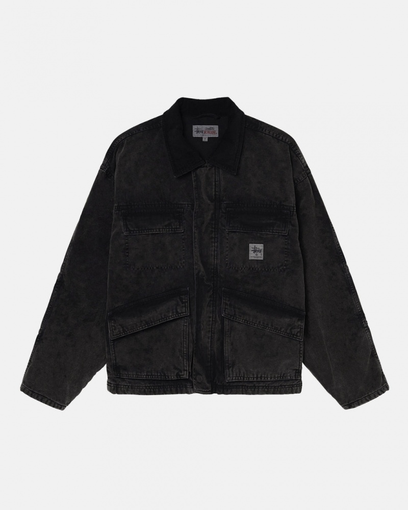 Black Stussy Shop Jacket Washed Canvas Men Jackets | KUA-0613