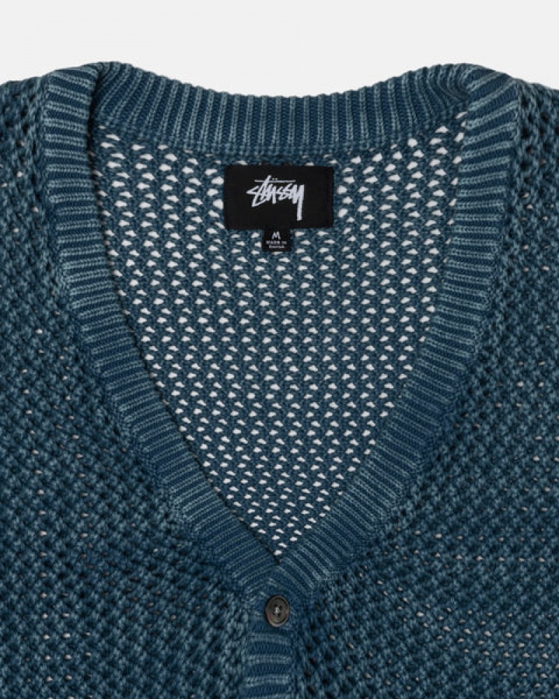 Blue Stussy Loose Gauge Cardigan Men Sweaters | OAM-2950