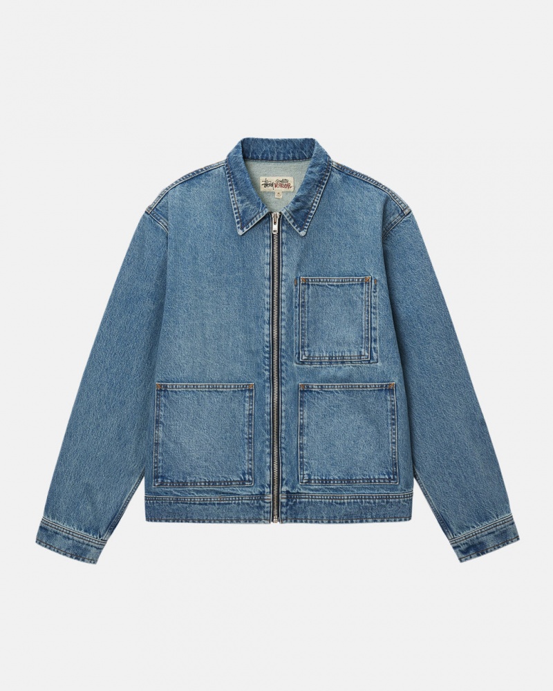 Blue Stussy Zip Work Jacket Denim Men Denim | KTC-9466