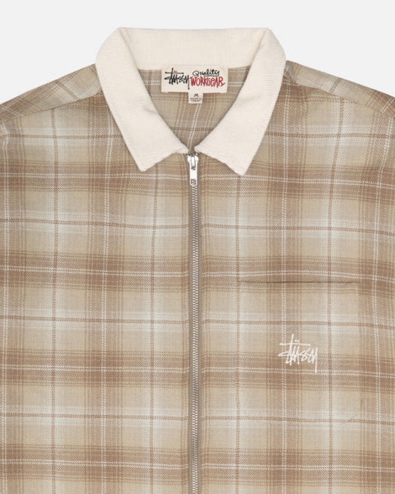 Brown Stussy Frank Plaid Zip Shirt Men Shirts | JCQ-2677