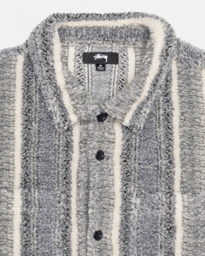 Charcoal Stussy Striped Sherpa Shirt Men Shirt Jackets | QQM-7238