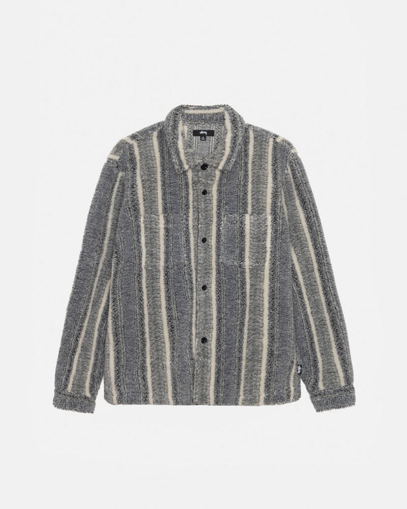 Charcoal Stussy Striped Sherpa Shirt Men Shirt Jackets | QQM-7238