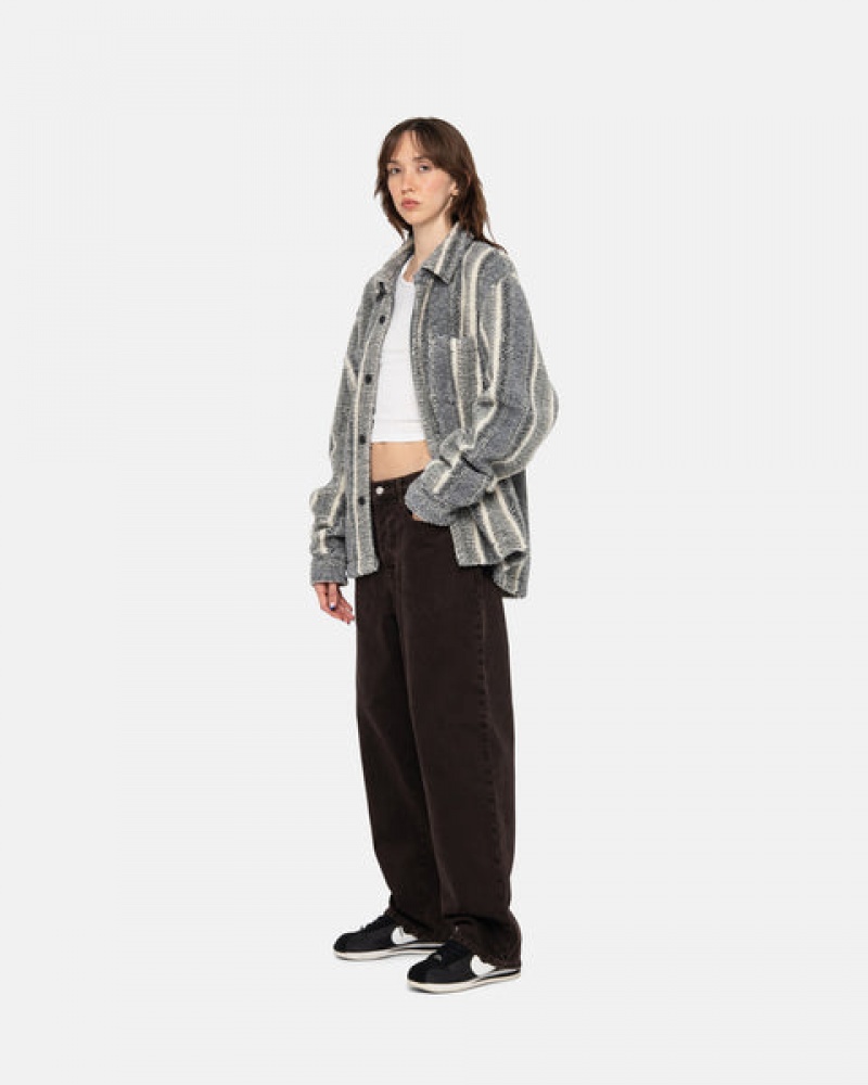 Charcoal Stussy Striped Sherpa Shirt Women Shirt Jackets | FSL-0867