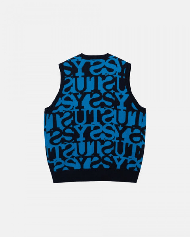 Dark Navy Stussy Stacked Sweater Vest Men Sweaters | NUZ-2166