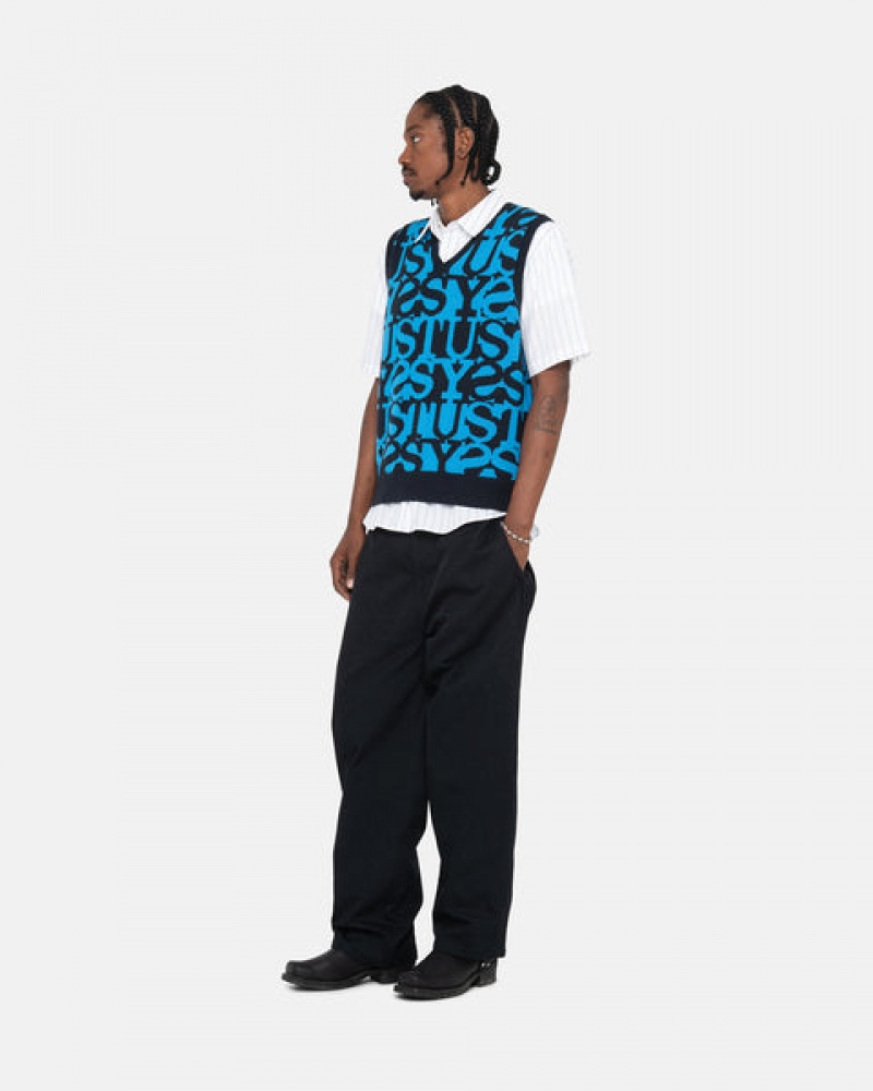 Dark Navy Stussy Stacked Sweater Vest Men Sweaters | NUZ-2166