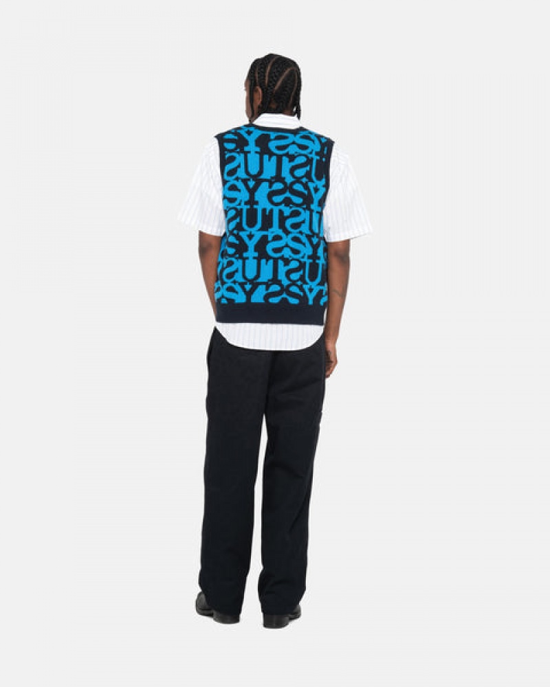 Dark Navy Stussy Stacked Sweater Vest Men Sweaters | NUZ-2166