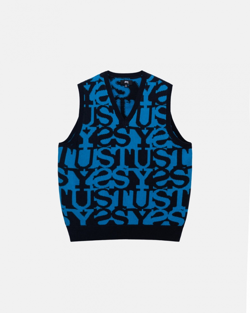 Dark Navy Stussy Stacked Sweater Vest Men Sweaters | NUZ-2166