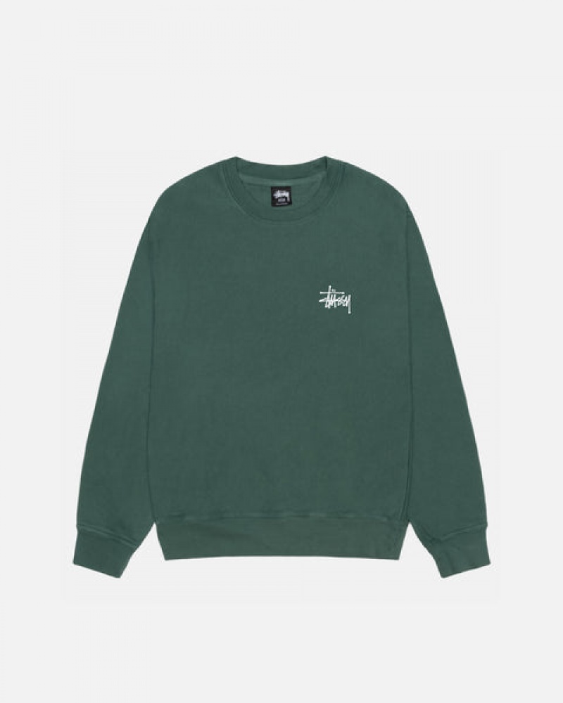 Green Stussy Basic Stussy Crew Pigment Dyed Men Sweatshirts | MKQ-4249