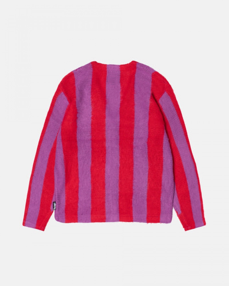 Purple Stussy Stripe Brushed Cardigan Men Sweaters | TMI-5441