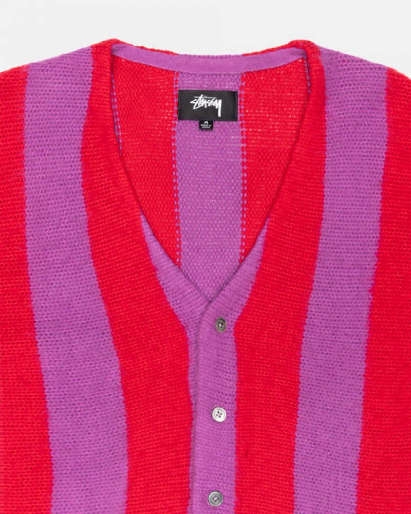 Purple Stussy Stripe Brushed Cardigan Men Sweaters | TMI-5441