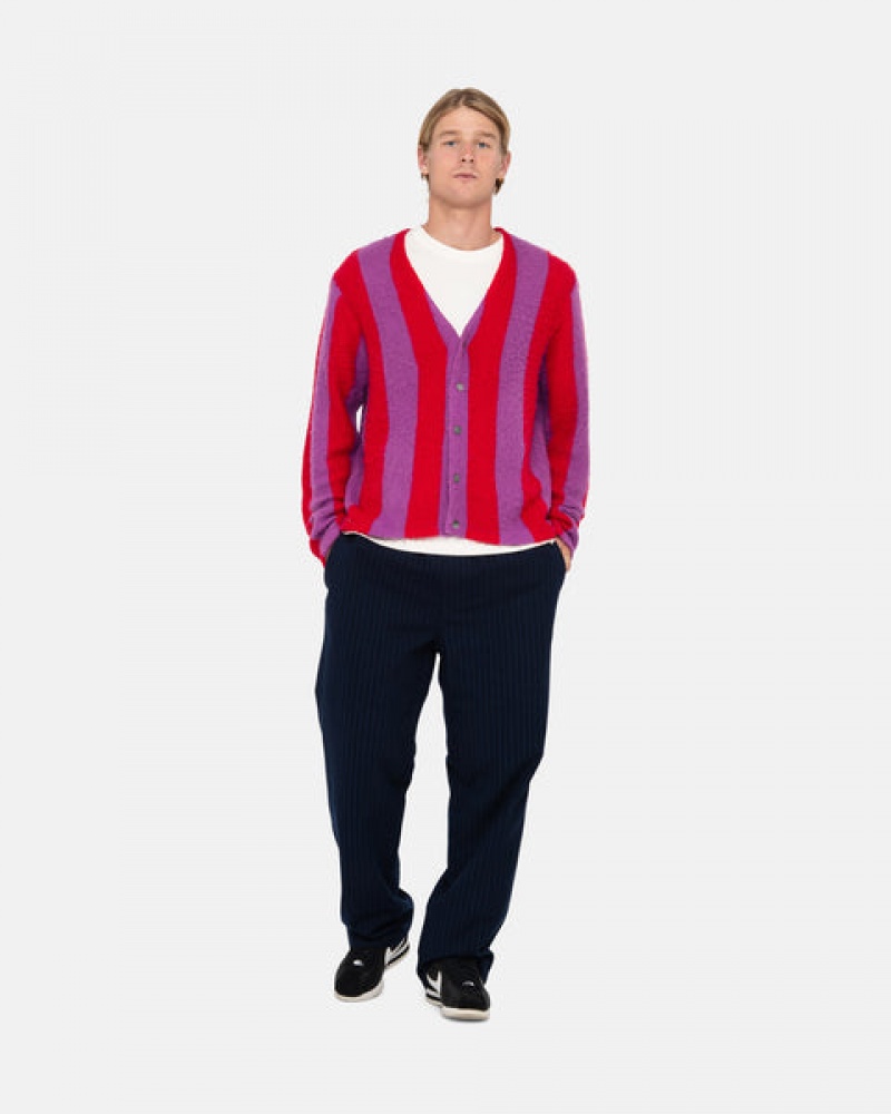 Purple Stussy Stripe Brushed Cardigan Men Sweaters | TMI-5441