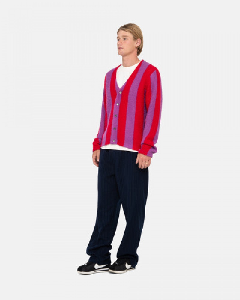 Purple Stussy Stripe Brushed Cardigan Men Sweaters | TMI-5441