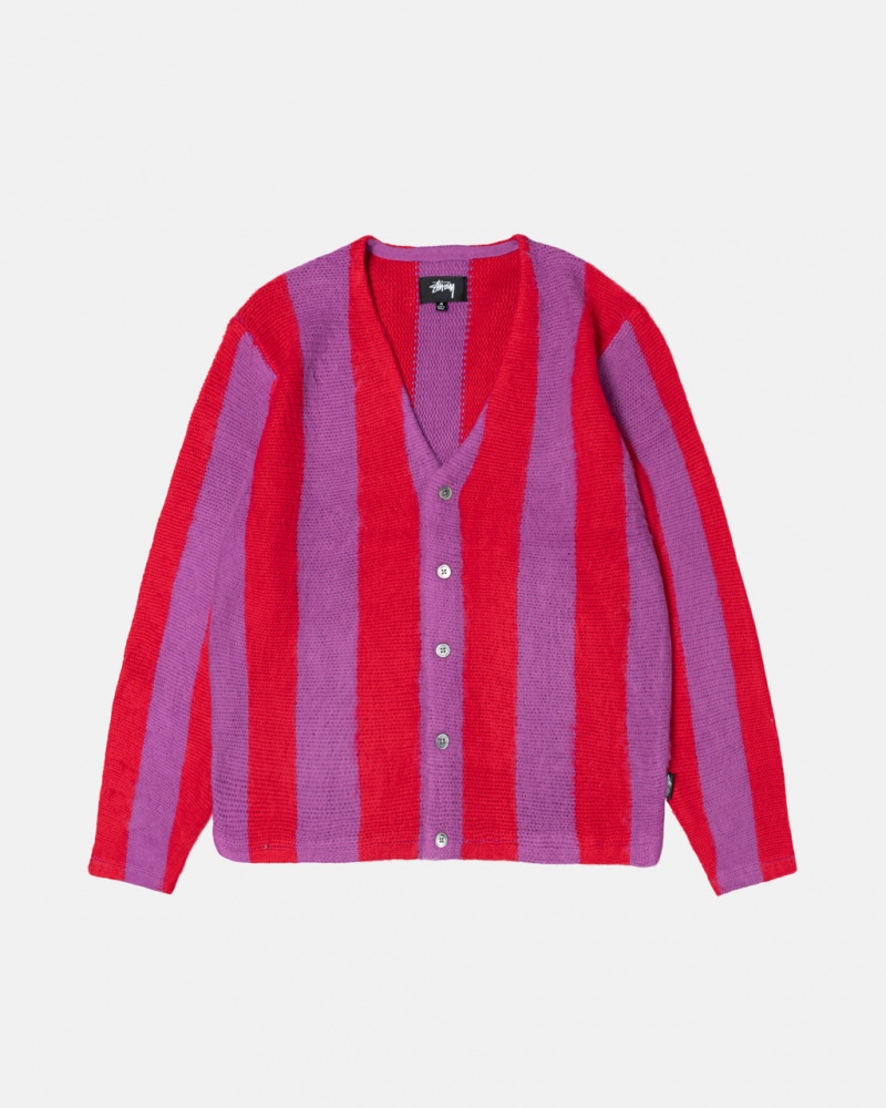 Purple Stussy Stripe Brushed Cardigan Men Sweaters | TMI-5441