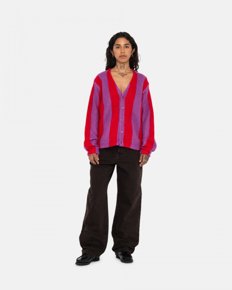 Purple Stussy Stripe Brushed Cardigan Women Sweaters | KGF-0814