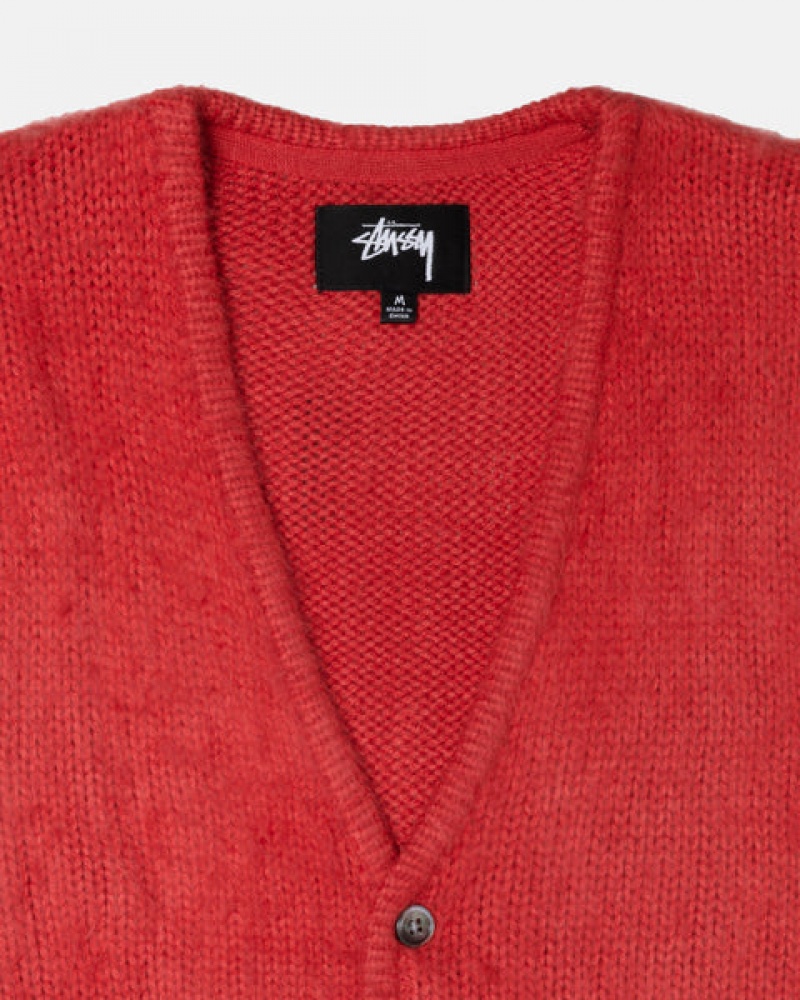 Red Stussy Brushed Cardigan Men Sweaters | JJU-9392