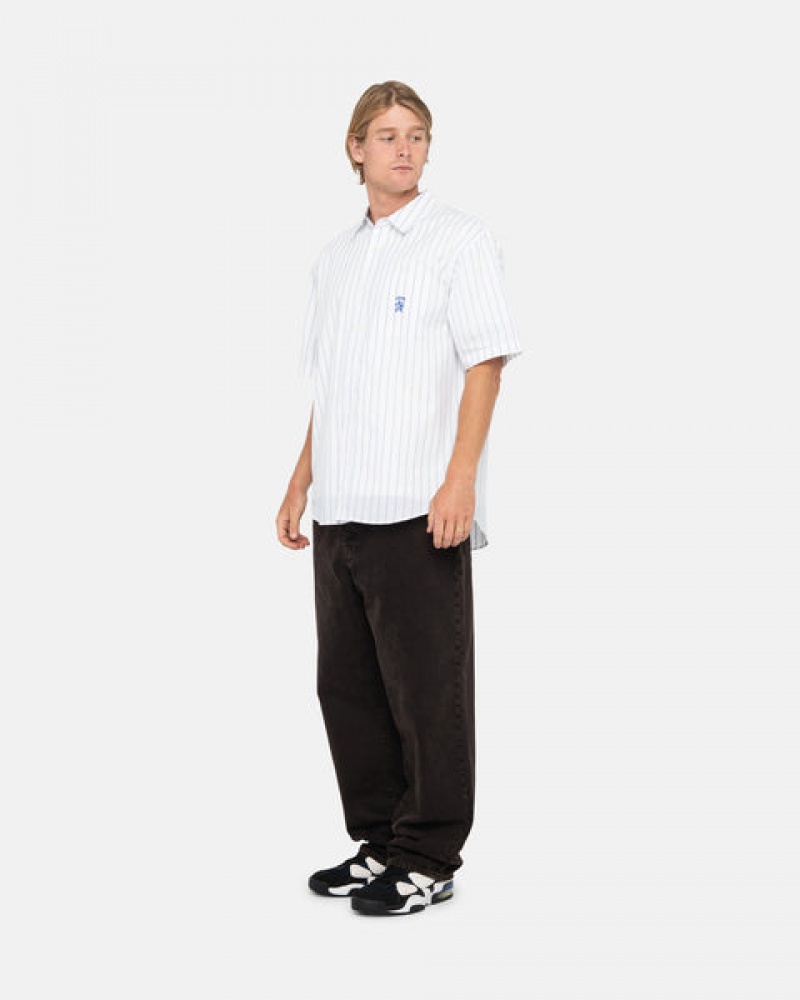 White Stussy Boxy Striped Shirt Men Shirts | LFN-4263