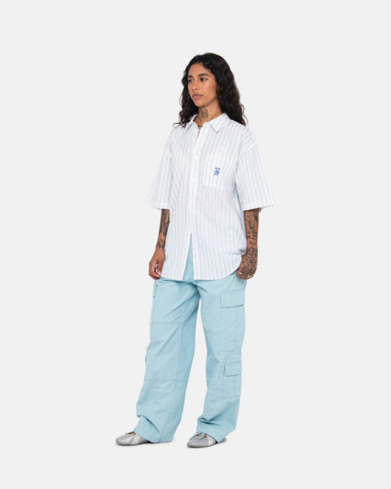 White Stussy Boxy Striped Shirt Men Shirts | LFN-4263