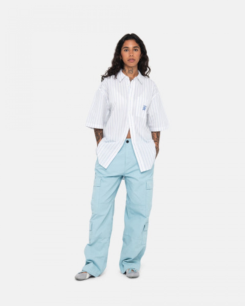 White Stussy Boxy Striped Shirt Women Shirts | DWP-8647