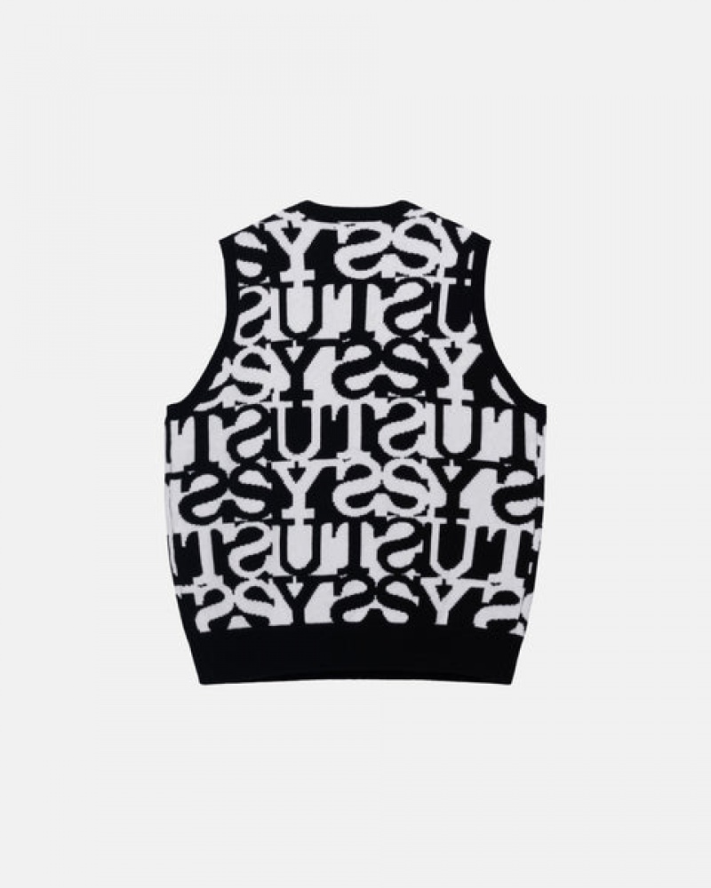 White / Black Stussy Stacked Sweater Vest Men Sweaters | FVN-9099