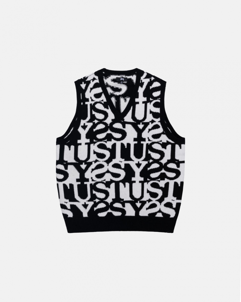 White / Black Stussy Stacked Sweater Vest Men Sweaters | FVN-9099